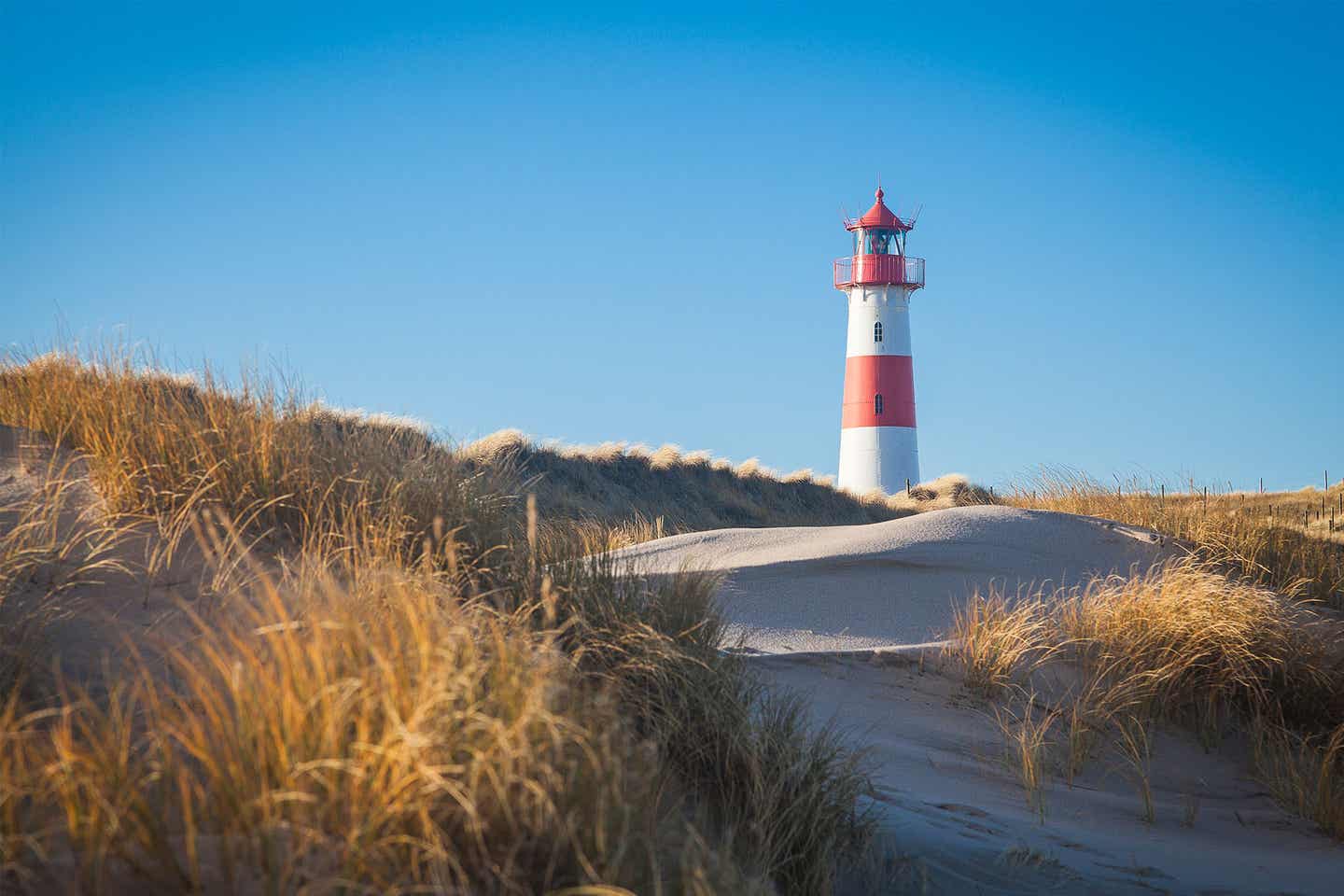 Ausblick auf einen Leuchtturm in den Dünen am Lister Ellenbogen auf Sylt