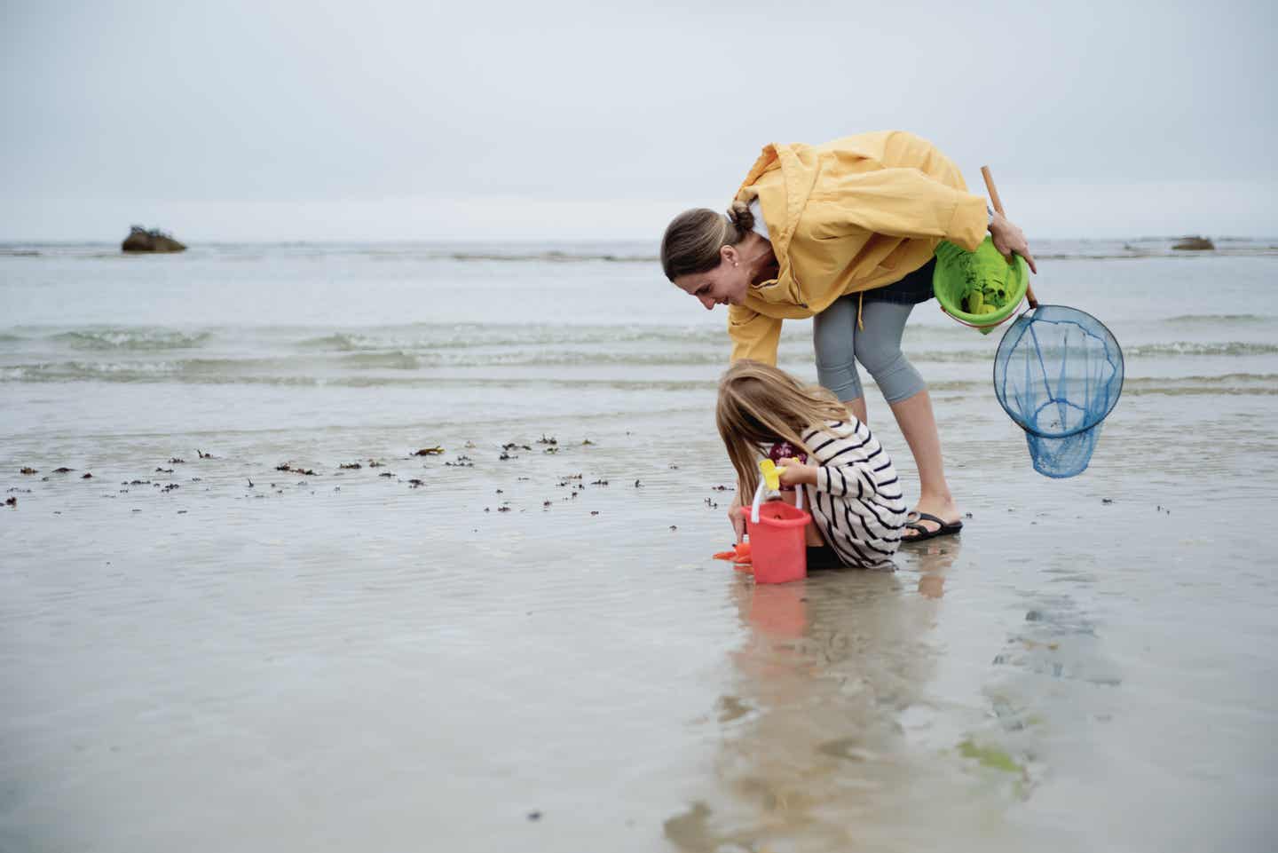 Norderney Urlaub mit DERTOUR. Mutter und Tochter spielen mit Kescher und Eimer im Nordseewasser am Strand