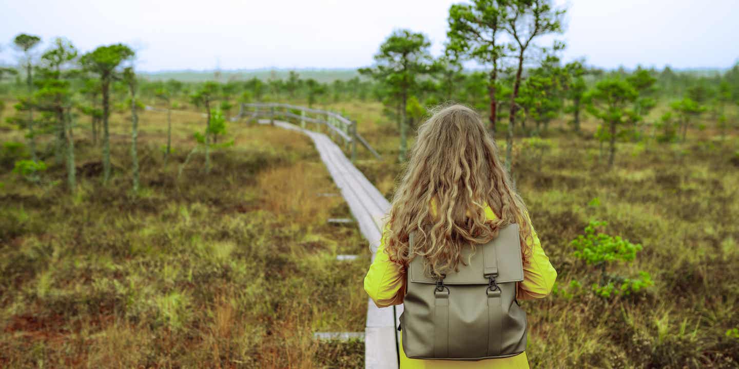 Frau mit gelber Regenjacke wandert auf einem Holzsteg durch das Moor in Nordeuropa an einem herbstlichen Tag