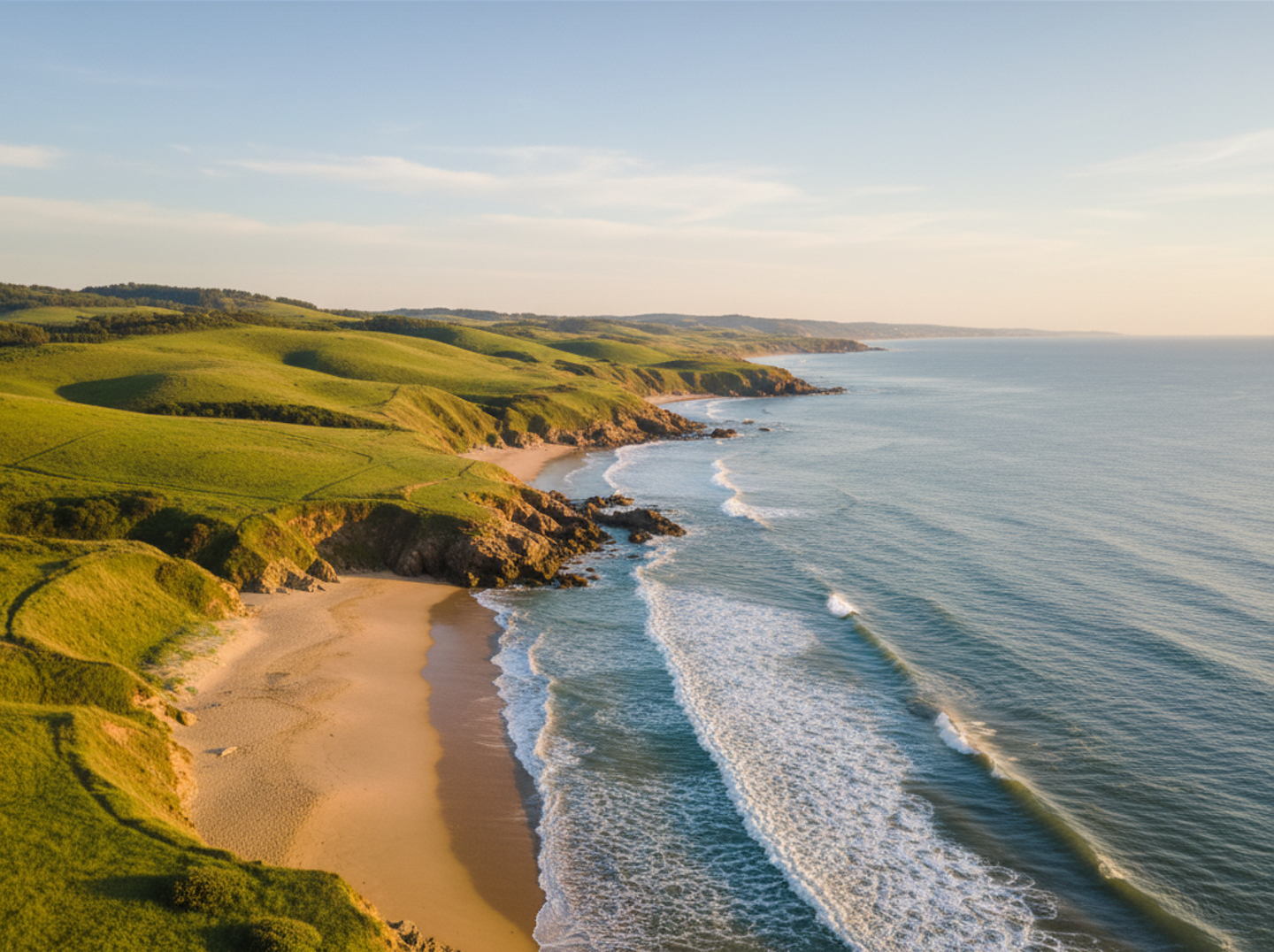 Küstenhügel und Atlantikwellen in Nordspanien im Sommer zum Sonnenuntergang