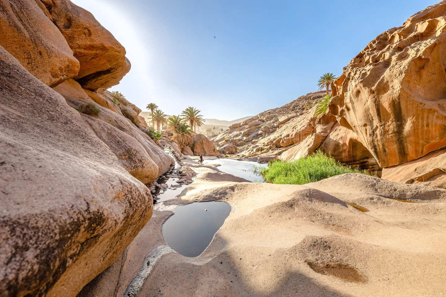 Oase von Las Peñitas, eine Fuerteventura Sehenswürdigkeit mit Palmen, Felsen und kleinem Wasserlauf in trockener Landschaft