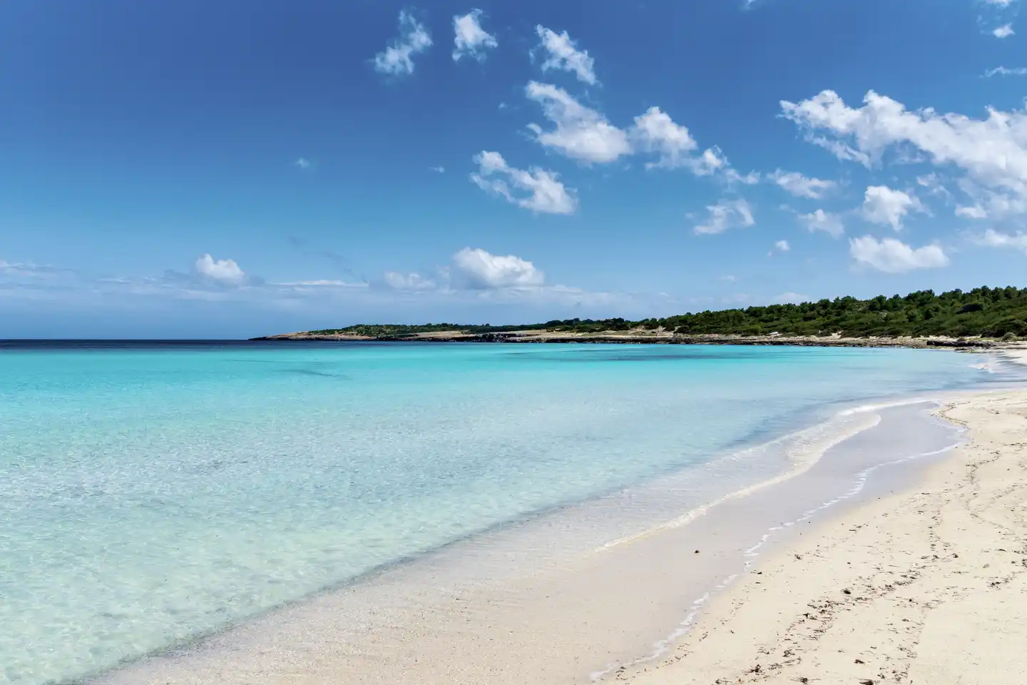 Ein feiner Sandstrand und türkisfarbenes Meer bei Cala Millor