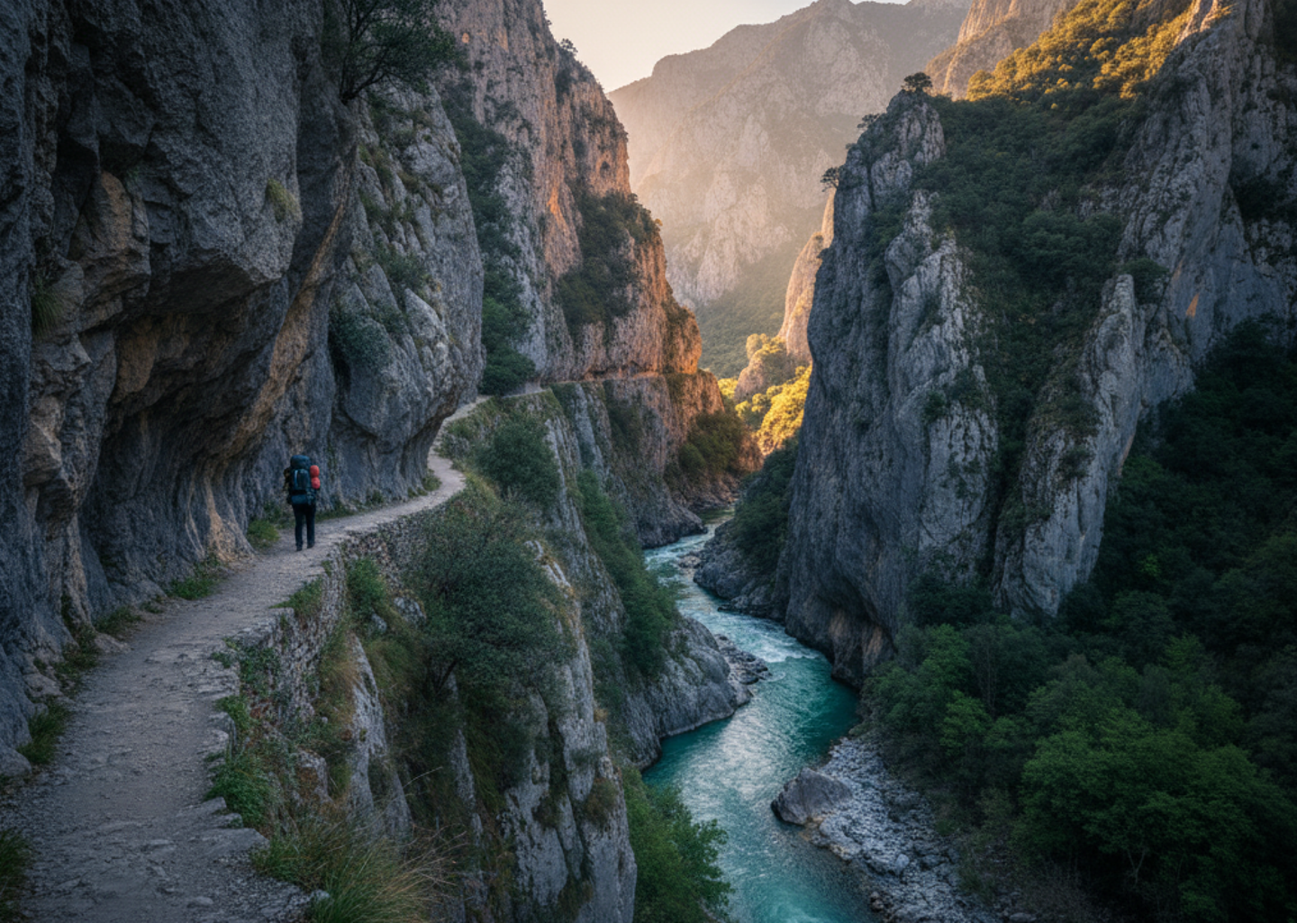 Wanderweg der Ruta del Cares in Asturien mit Flusslauf, Felswänden und Morgenlicht