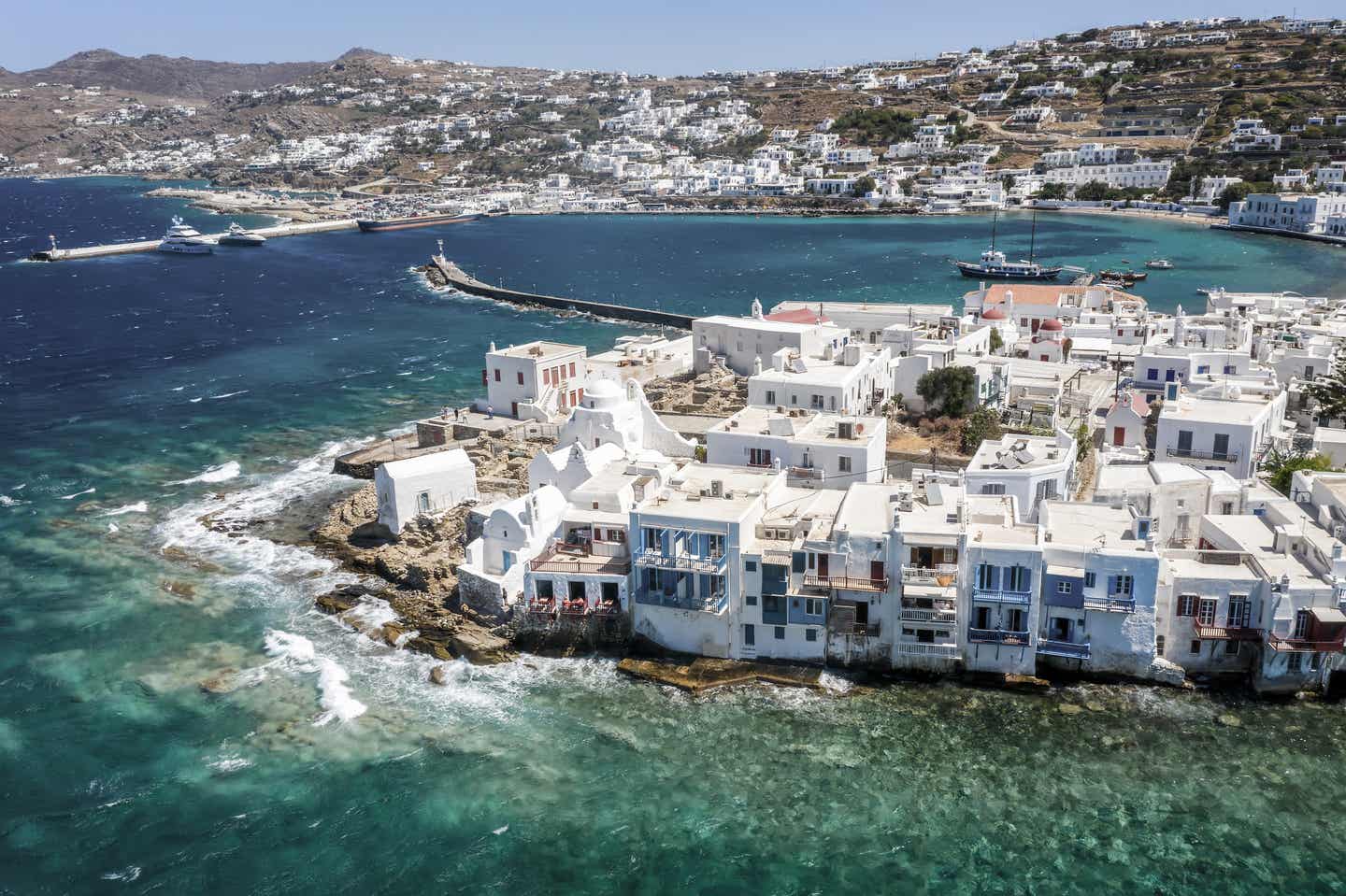 Mykonos Strände: Luftaufnahme der Altstadt von Mykonos