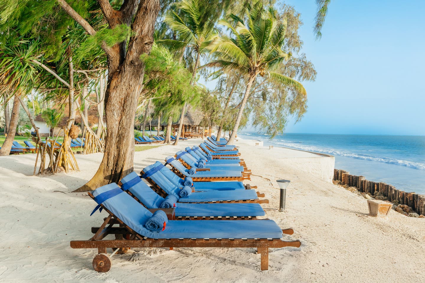 Strand mit Sonnenliegen unter Palmen