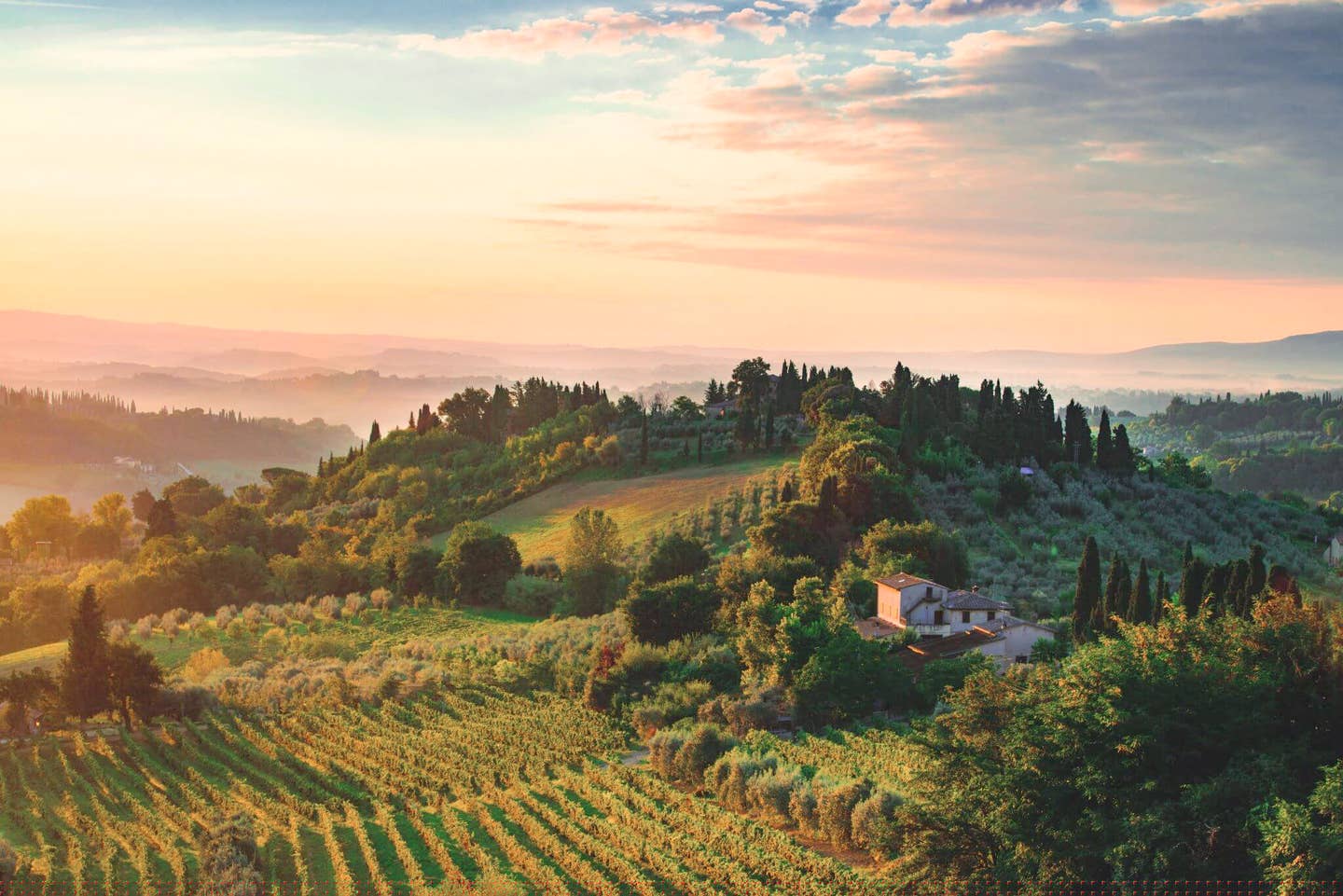 Toskana Urlaub mit DERTOUR. Sonnenaufgang über grünen Hügeln rund um ein Weingut in der Toskana