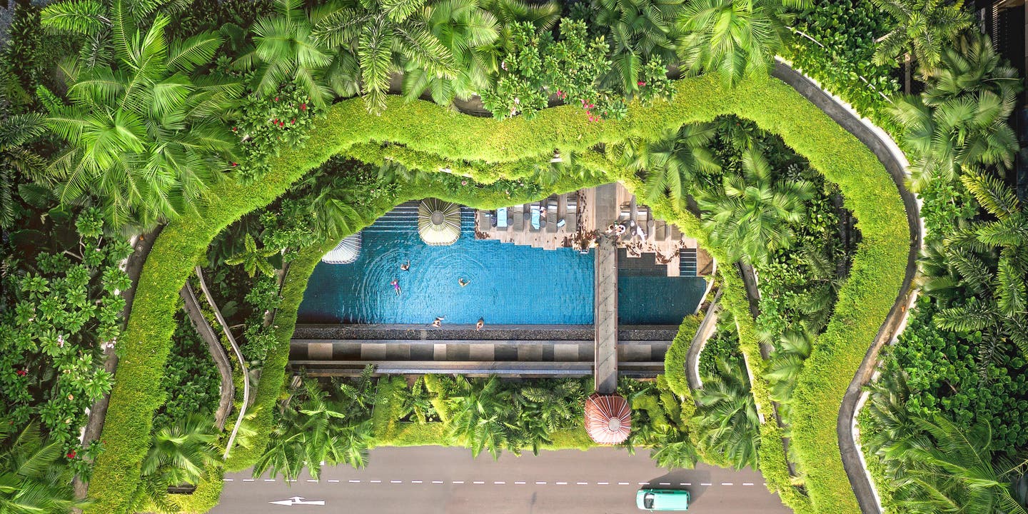 Blick auf ein grün umranktes Gebäude von oben