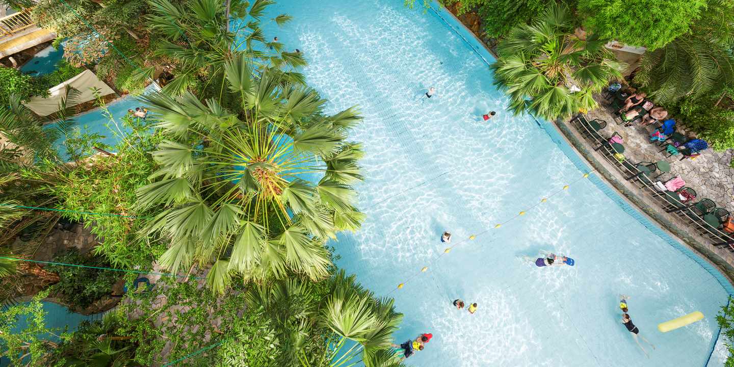 Freizeitparks Deutschland: Außenpool im Agua Mundo von Center Parcs Bispinger Heide mit Palmen und Badegästen