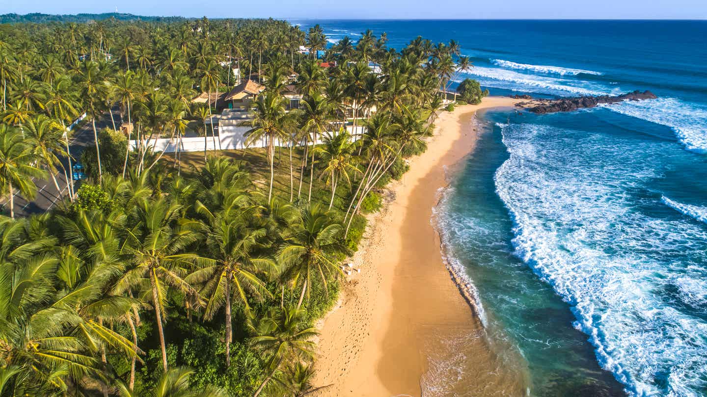 Strand in Unawatuna, Sri Lanka – eine idyllische Küstenlinie mit Palmen und türkisblauem Wasser