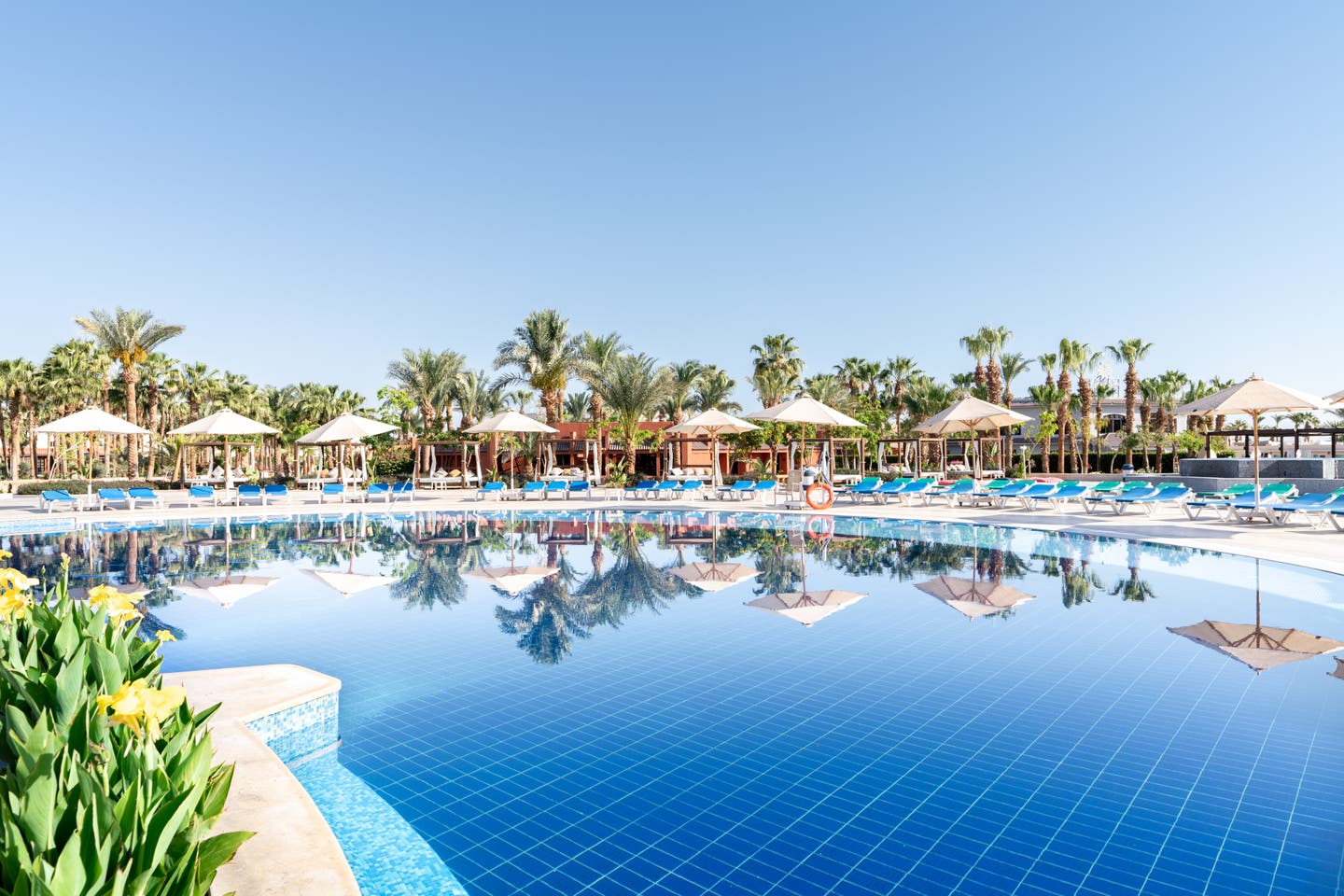 Pool des Calimera Blend Paradise Resorts mit Sonnenliegen und Palmen im Hintergrund