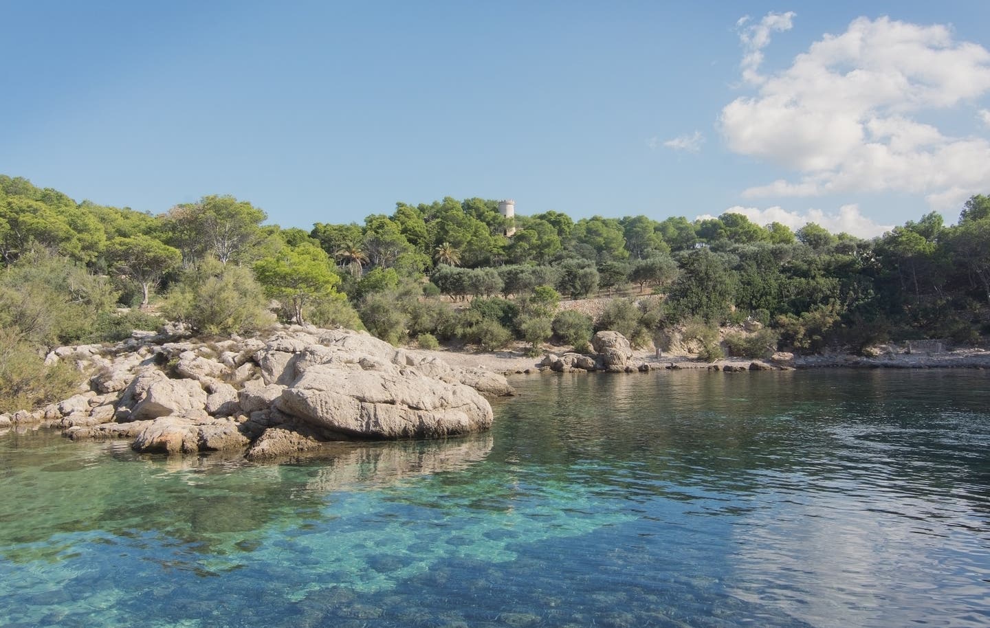 Küste von Mallorca bei Sa Dragonera Cala Lladó mit türkisblauem Meer und grüner Naturkulisse, eine beliebte Sehenswürdigkeit auf Mallorca