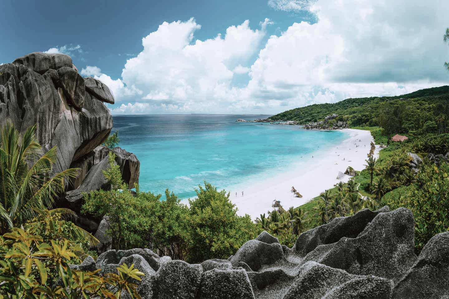 Die malerische Bucht des Grand Anse mit türkis-klarem Wasser und Puderzuckerstrand