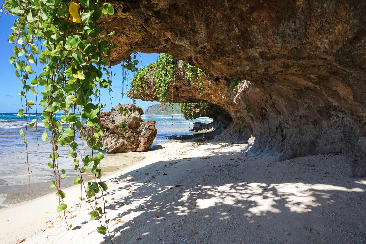 Felsen ragen über einen Strandabschnitt, Pflanzen wachsen über die Felsen