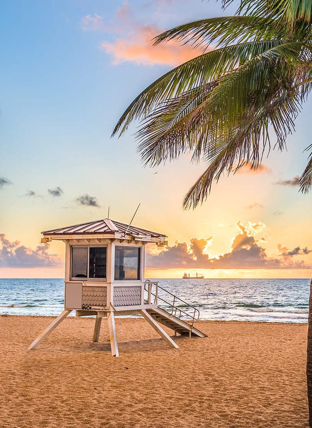 Florida Strände Ein Rettungsschwimmerturm an einem Strand in Florida mit Palmen im Sonnenunterrgang