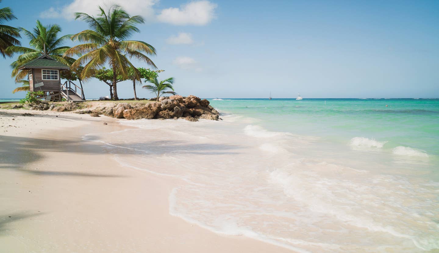 Tobago Urlaub mit DERTOUR. Wellen branden an einen Strand Tobagos – eingerahmt von schwarzen Felsen und Regenwald