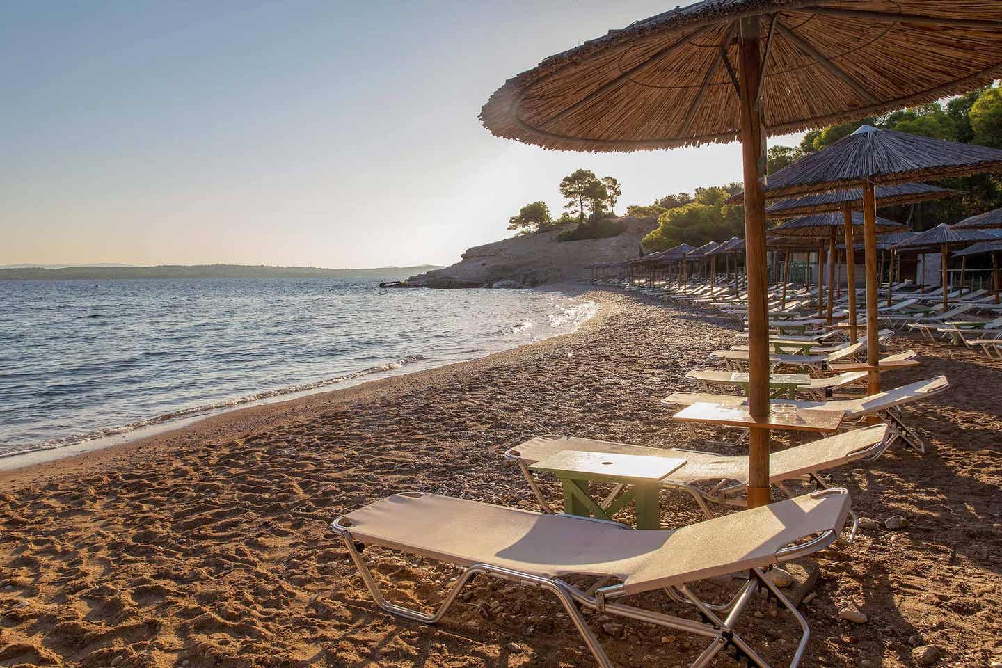 Blick auf Bäume Sonnenschirme und Meer am Psalidi Beach auf Kos