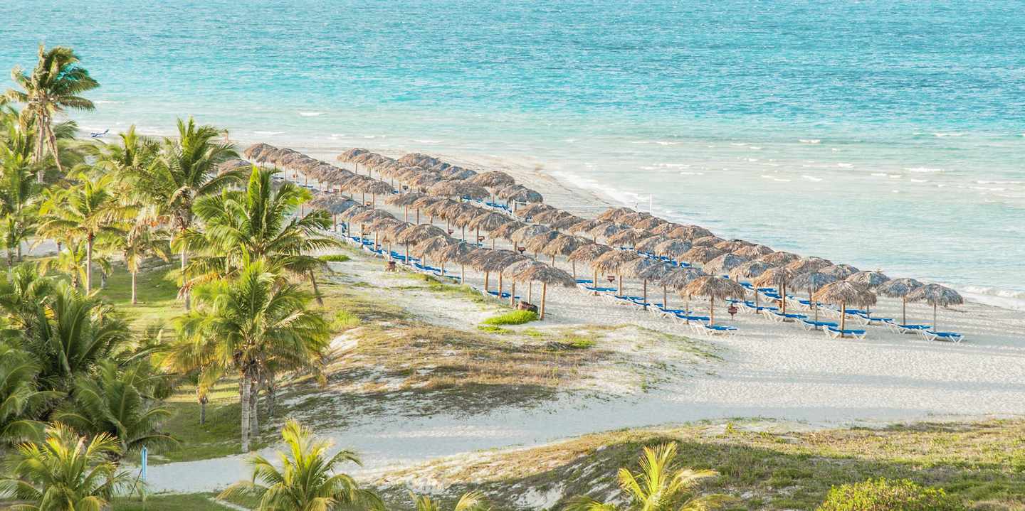 Varadero Strand mit Reihen von Sonnenschirmen und Liegestühlen neben Palmen und Meer