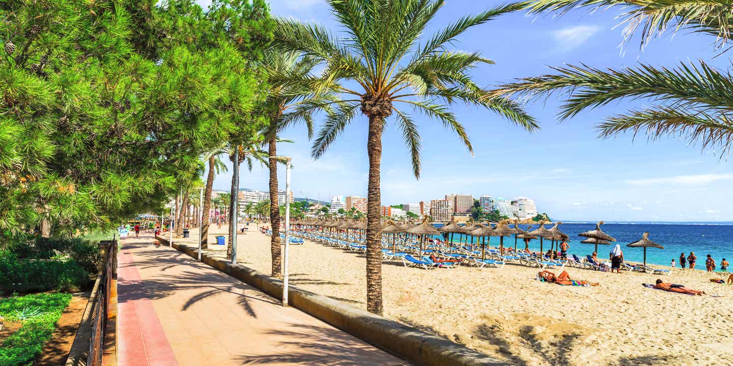 Blick auf eine Promenade an Mallorcas Stränden mit Palmen gesäumt