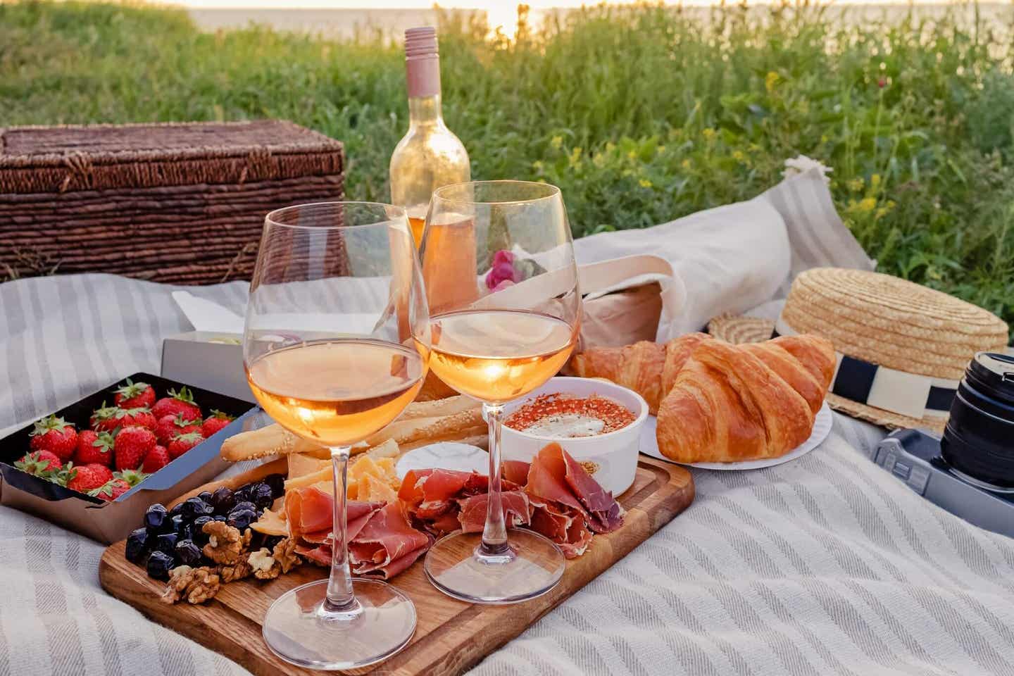 Essen in Barcelonas Park: Zwei Gläser Wein und Snacks auf einer Picknickdecke