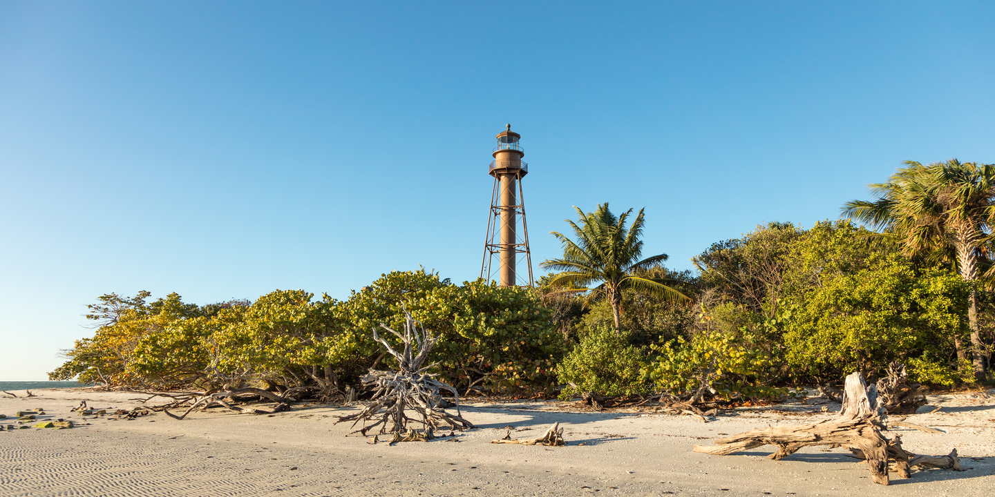 Blick auf den Sanibel Beach mit altem Leuchtturm im Walddickicht