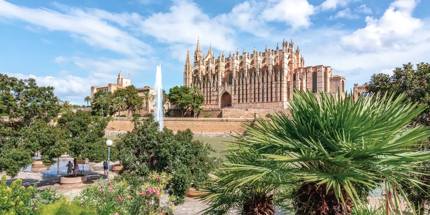 Mallorca Urlaub: Blick durch die Palmen eines kleinen Parcks auf die Kathedrale La Seu in Palma de Mallorca