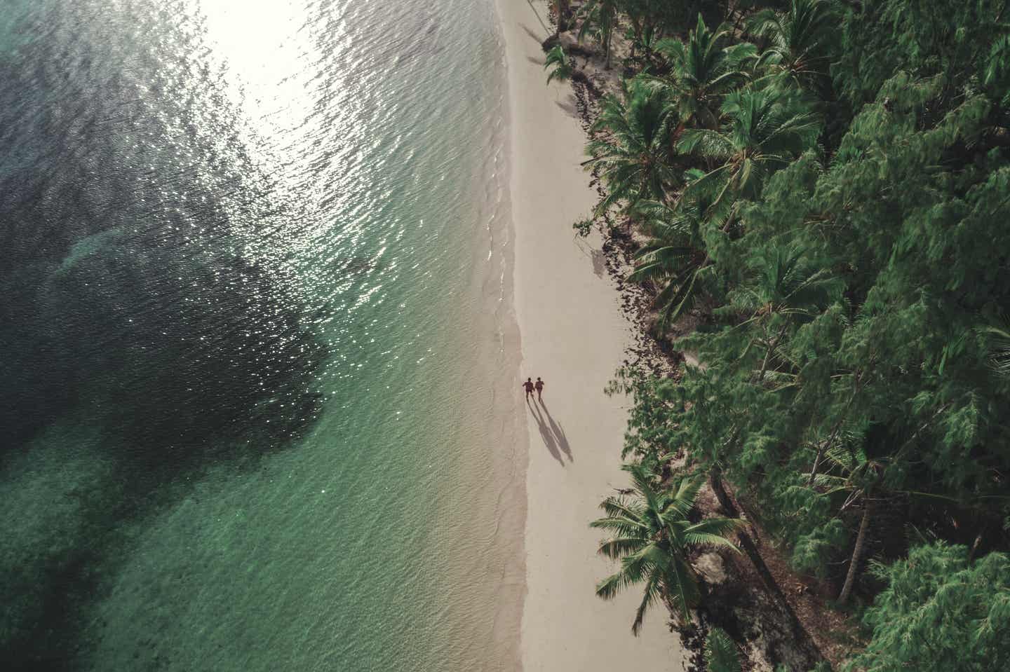 Punta Cana Urlaub mit DERTOUR. Paar spaziert an einem Strand der Dominikanischen Republik - Luftaufnahme