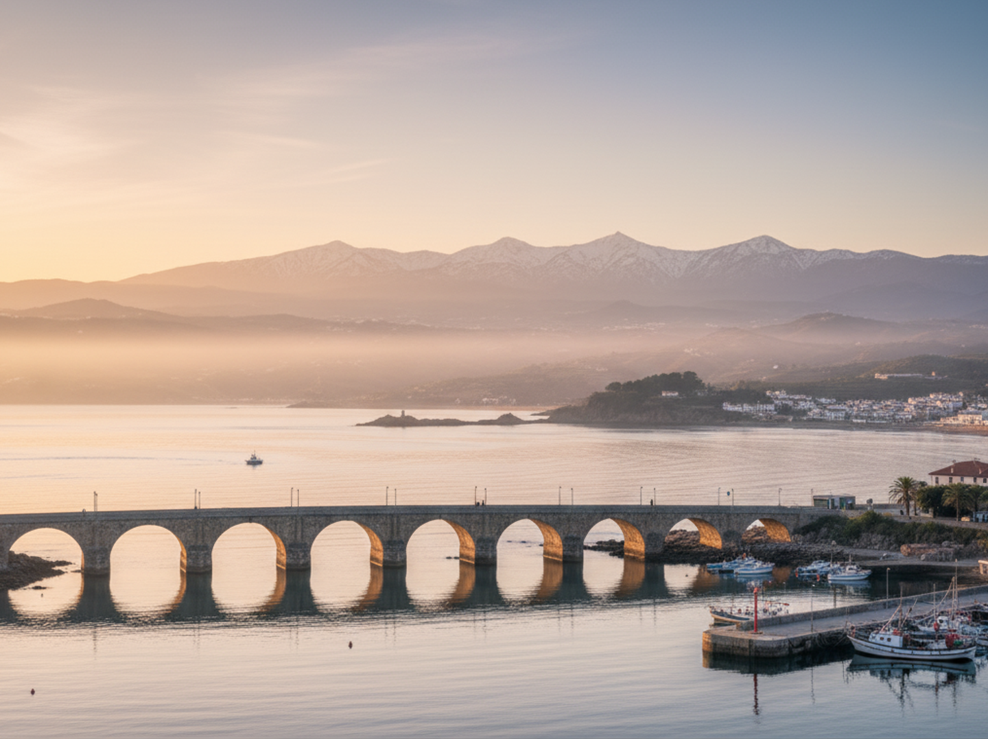 Steinbrücke von Pontedeume mit Hafen und Bergpanorama in der Provinz A Coruña