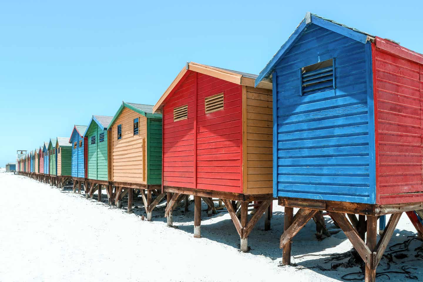 Bunte Badehäuser an einem Strand in Kapstadt