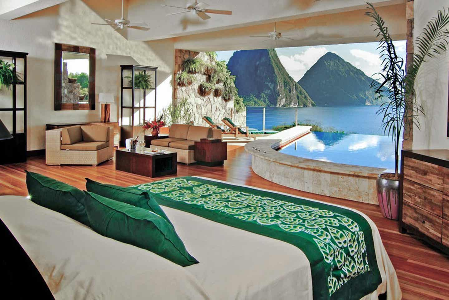 Zimmer mit Ausblick im Jade Mountain, St. Lucia