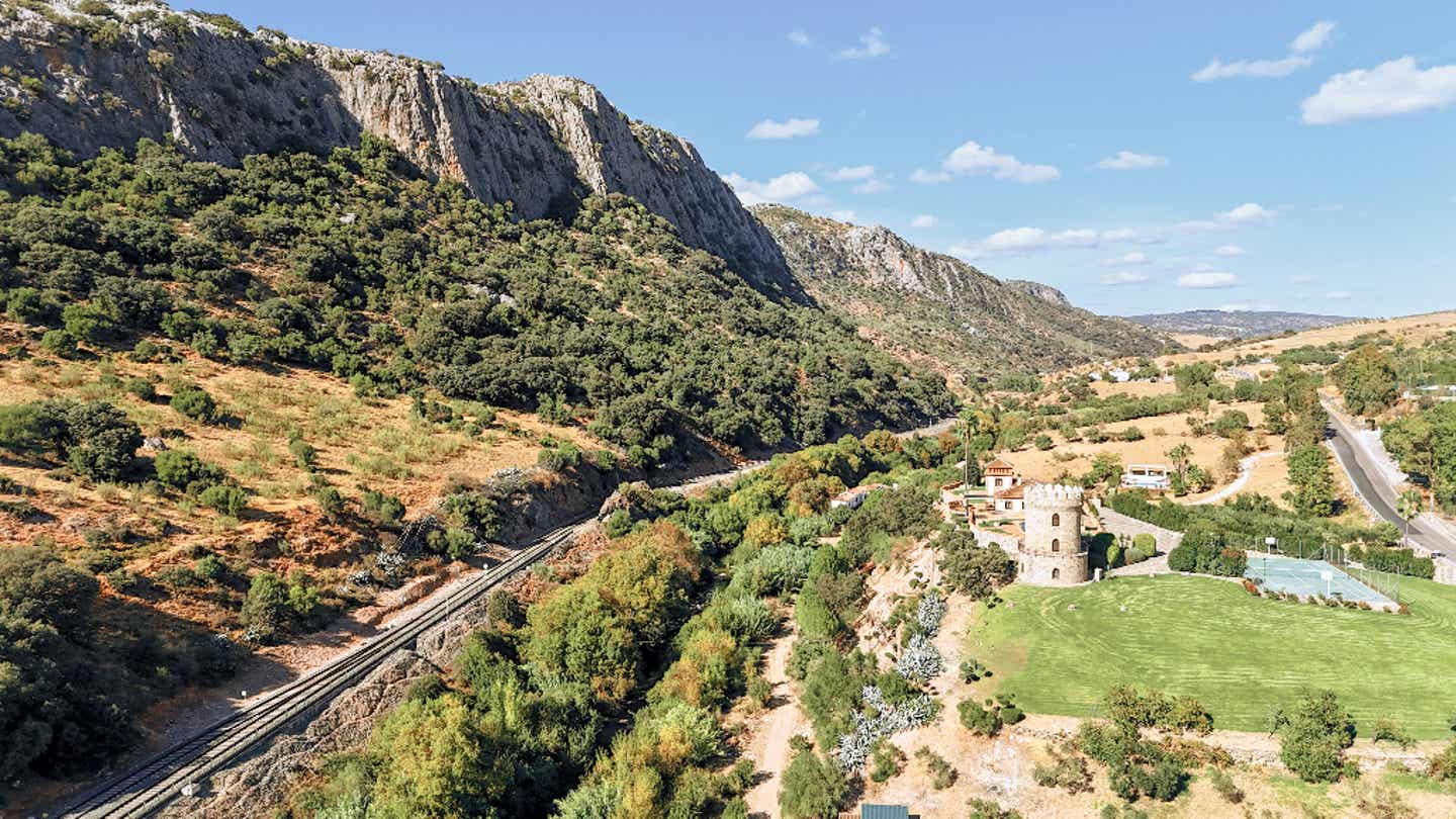 Regionalzug fährt durch Olivenhaine in Andalusien bei sonnigem Wetter