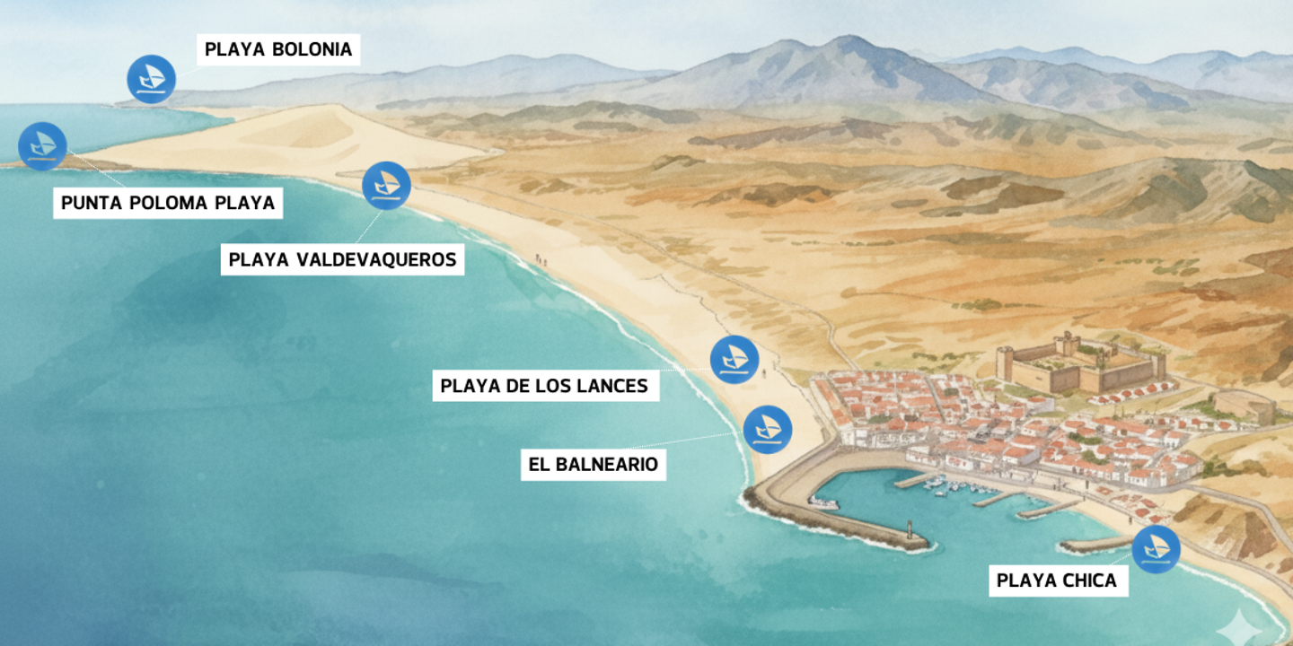 Übersichtskarte der Surfstrände rund um Tarifa – von Punta Paloma bis Playa Chica an der südlichsten Spitze Spaniens