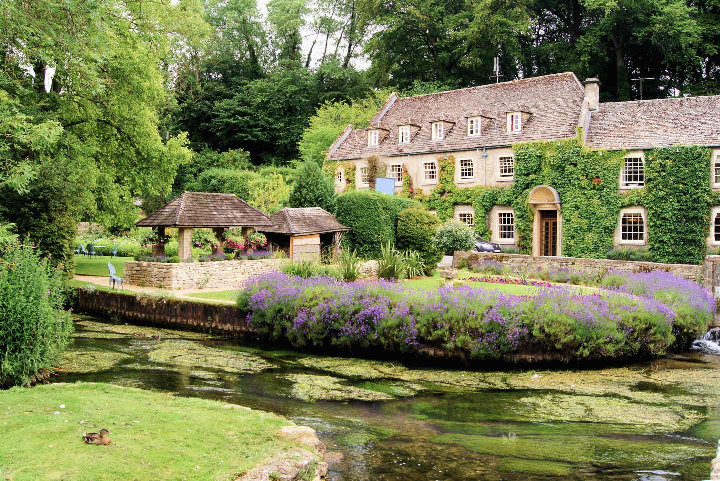 Altes Steinhaus in Cotswolds, England mit Teich im Vordergrund und Efeu bewachsen Altes Steinhaus in Cotswolds, England mit Teich im Vordergrund und Efeu bewachsen