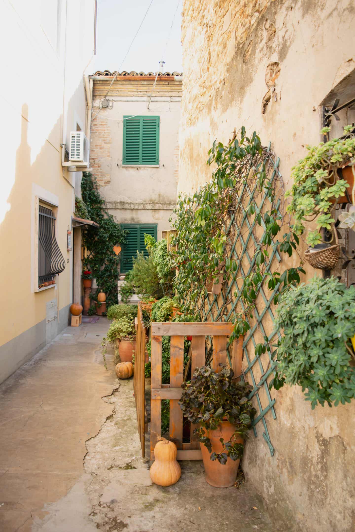 Gasse mit italienischen Steinhäusern und Blumen Gasse mit italienischen Steinhäusern und Blumen