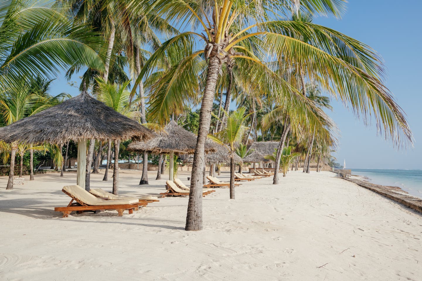 Strand des Hotels mit Liegen unter Palmen