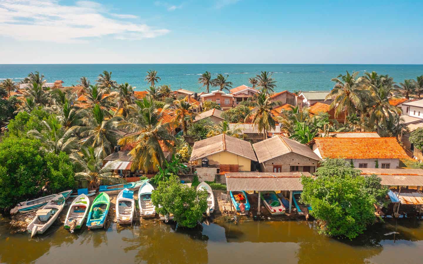 Küstenlinie in Negombo mit Booten, Palmen und traditionellen Häusern – eine der schönsten Sri-Lanka-Sehenswürdigkeiten