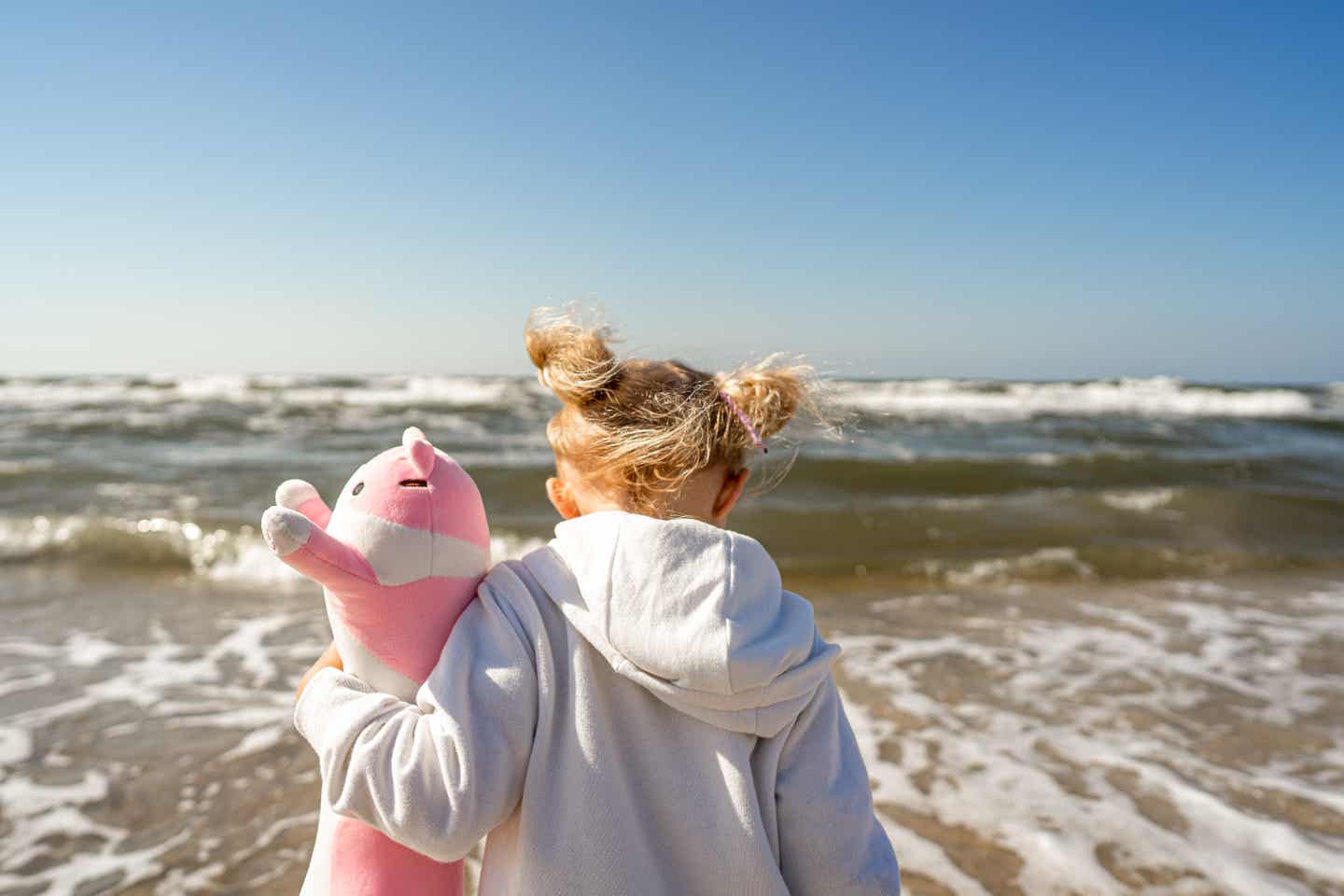 Kind mit Kuscheltier im Arm von hinten zu sehen am Timmendorfer Strand
