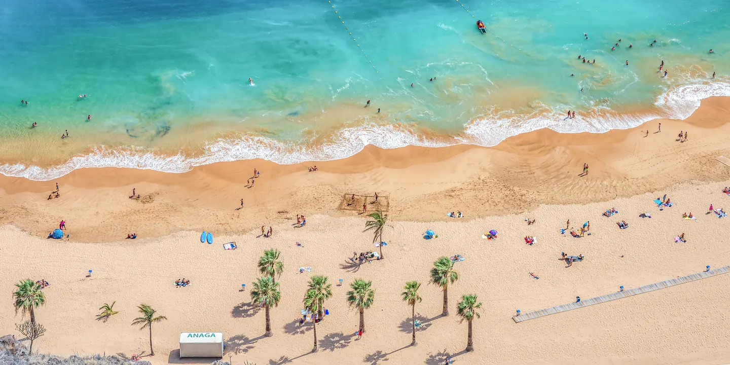 Teneriffas Strände: Palmen, blaues Meer und Felsen