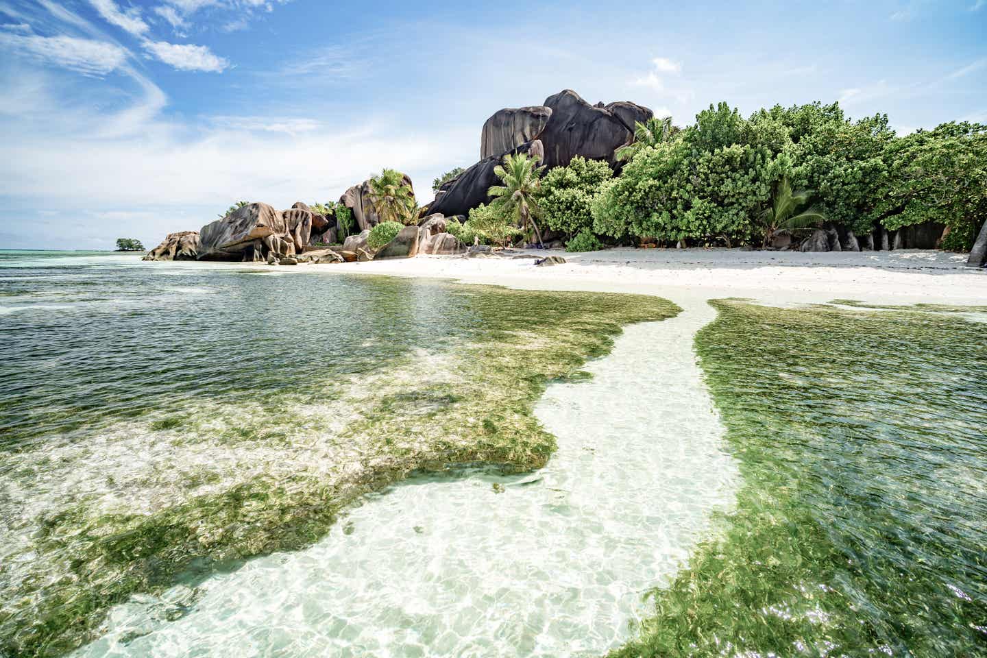 Lagune auf La Digue mit üppigem Grün und Granitfelsen am Strand