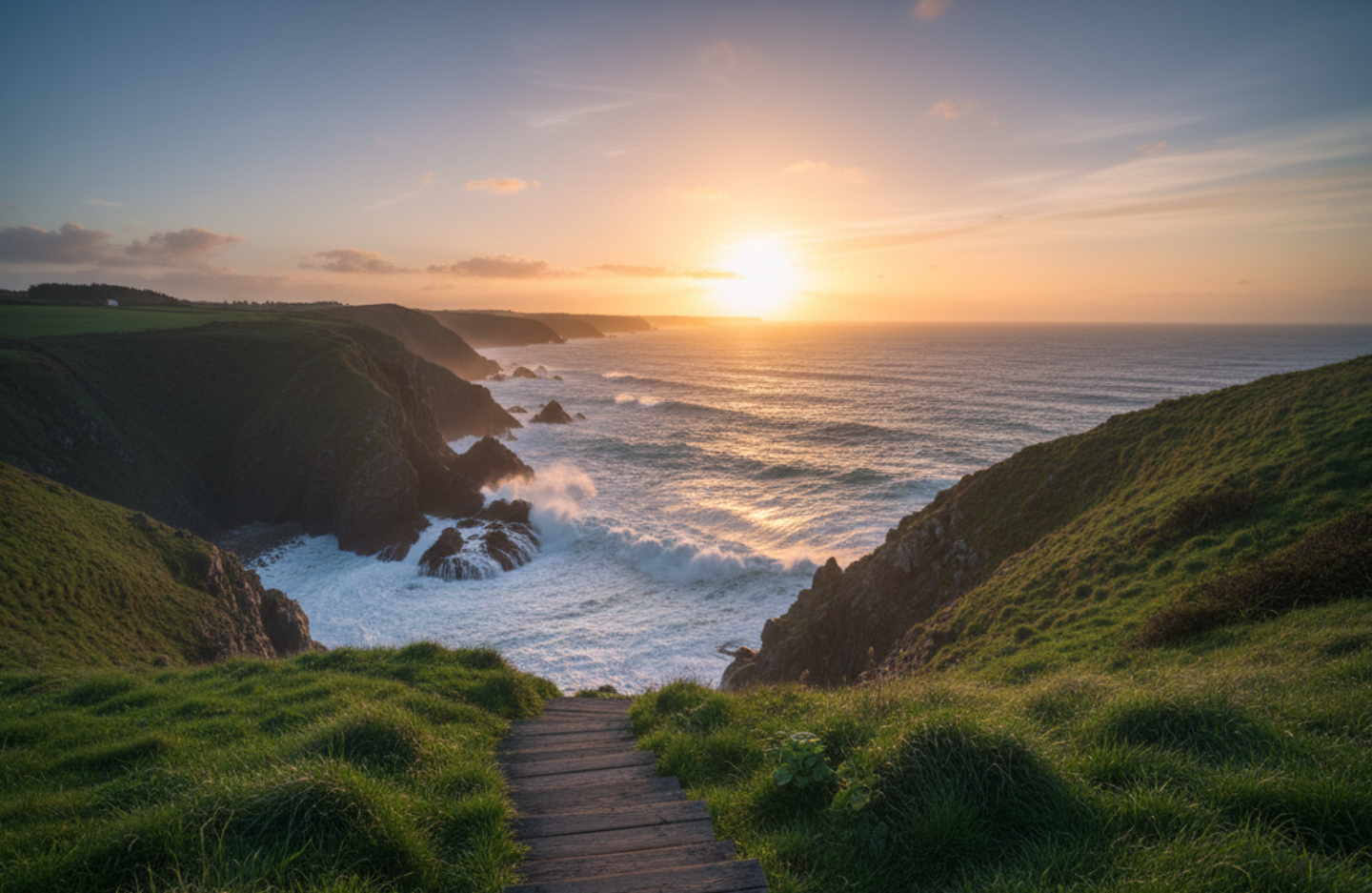 Grüne Steilküste an der Costa da Morte in Galicien mit Atlantikwellen und Holzpfad im Licht der Abendsonne