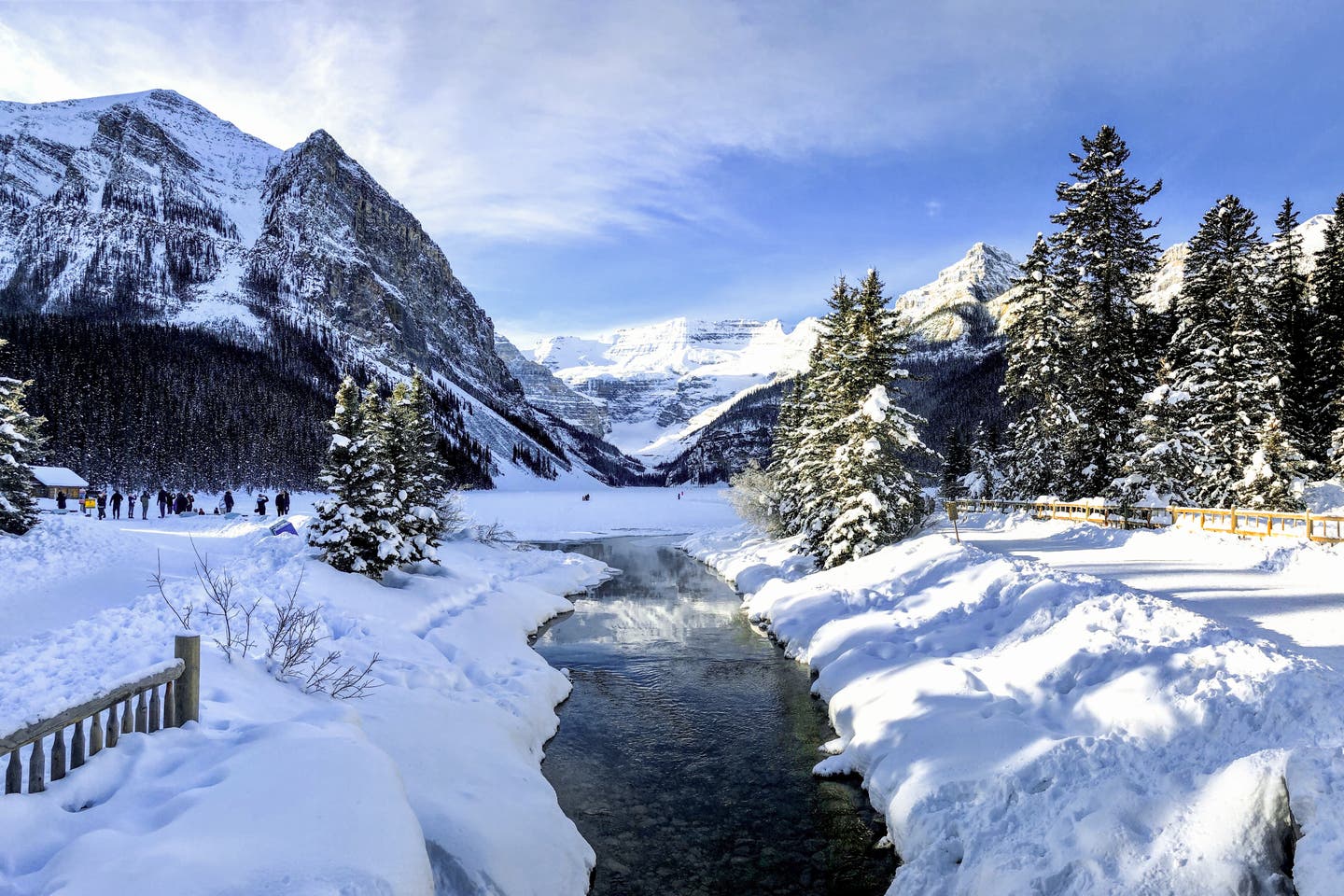 Winterliches Lake-Louise-Village in Kanada an einem Bach, umrahmt von Nadelbäumen und Bergen