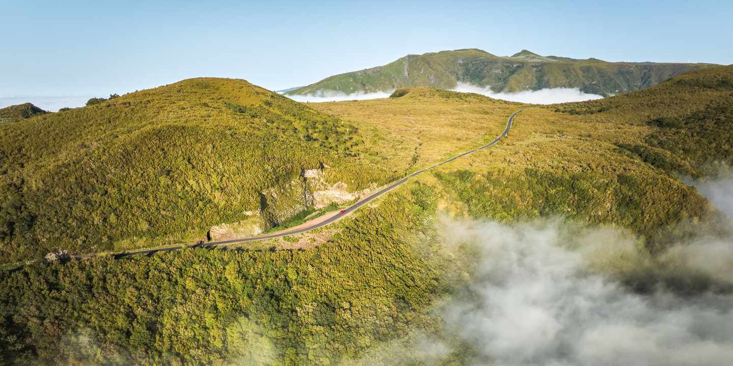 Straße über grüne Hochebene bei Fanal auf Madeira oberhalb von Wolken