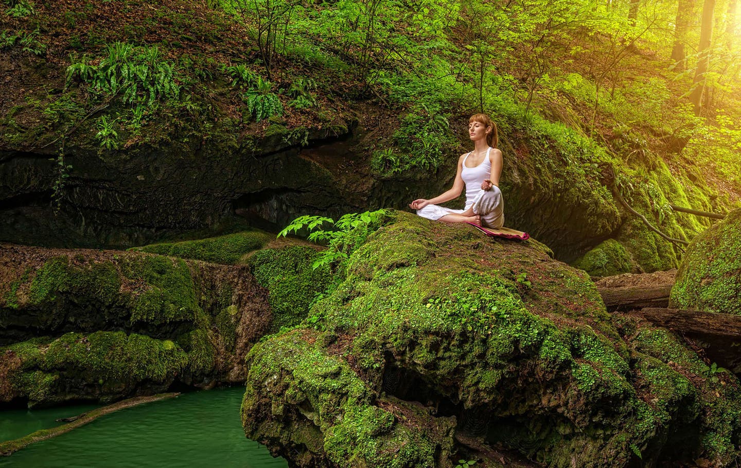 Eine Frau entspannt sich beim Yoga inmitten der Natur