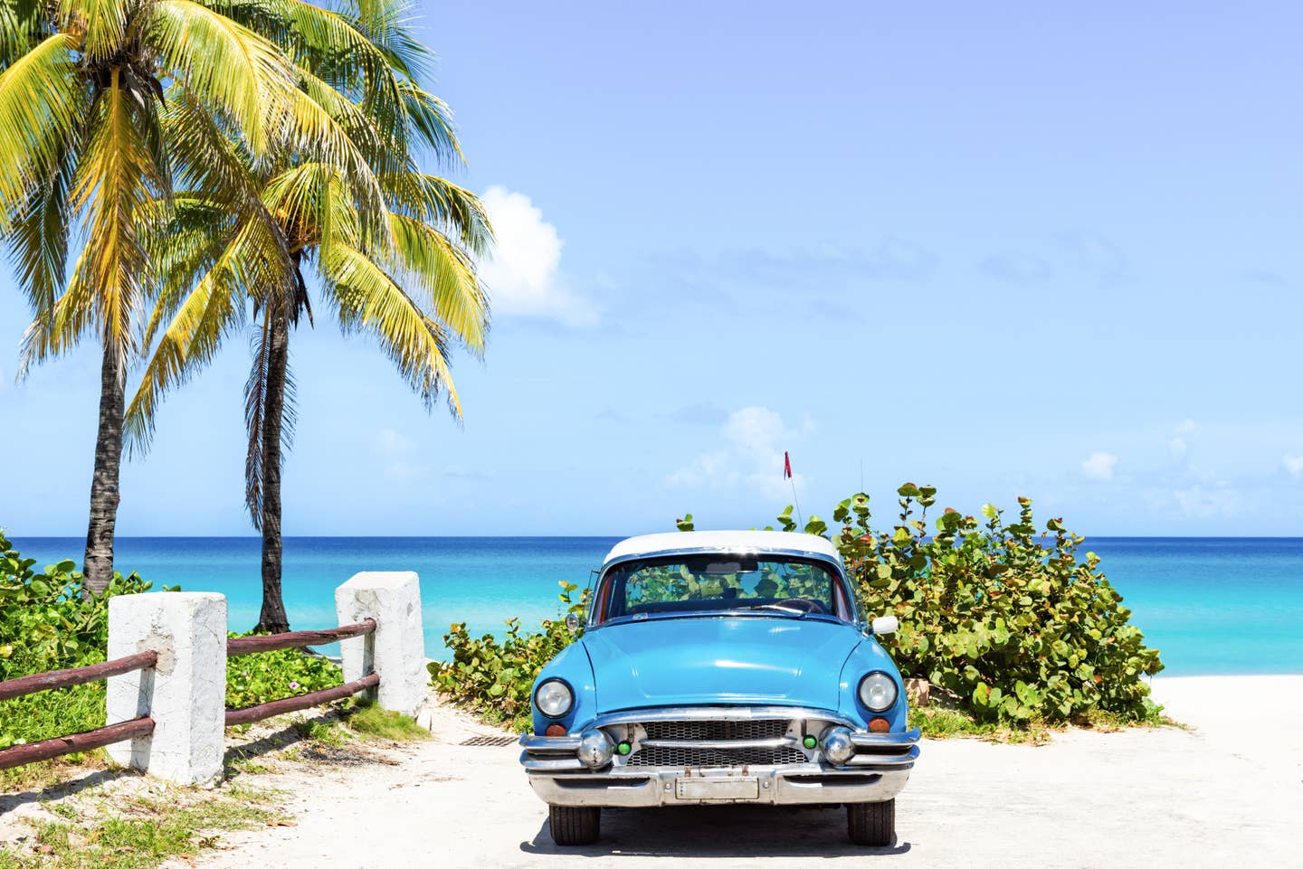 Last Minute nach Kuba. Oldtimer unter Palmen am Strand Varadero in Kuba Last Minute nach Kuba. Oldtimer unter Palmen am Strand Varadero in Kuba