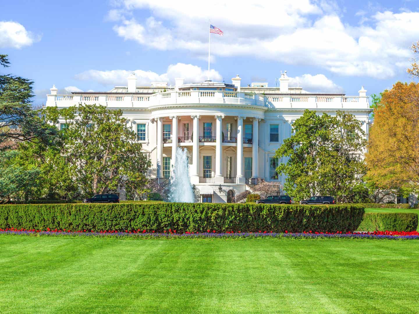 Ein Stopp vor dem Weißen Haus – Amerikas Machtzentrum hautnah erleben Das Weiße Haus in Washington D.C. mit Brunnen und Garten unter blauem Himmel