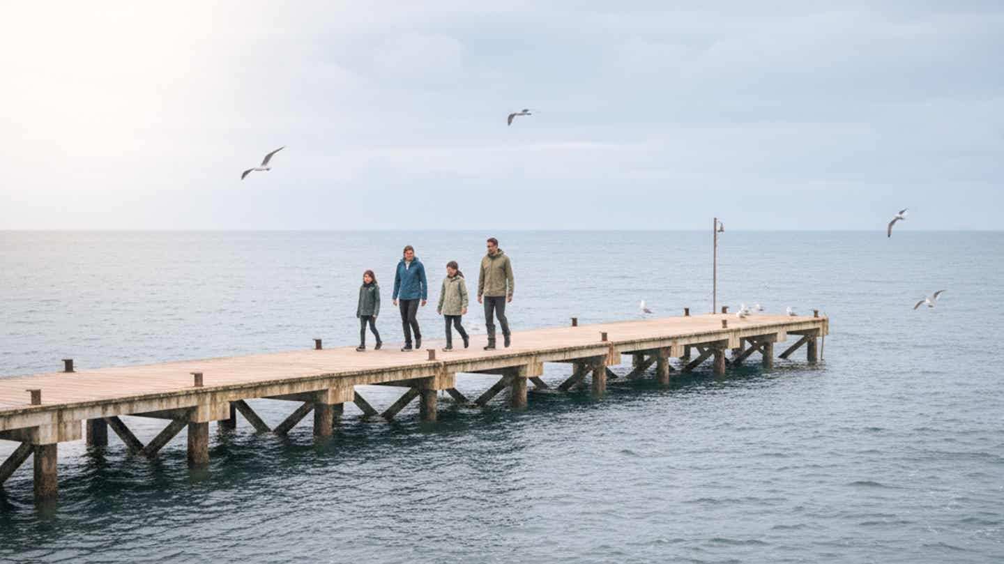 Familie spaziert auf einem Holzsteg im Hafen von Nordspanien, umgeben von Möwen und ruhiger See