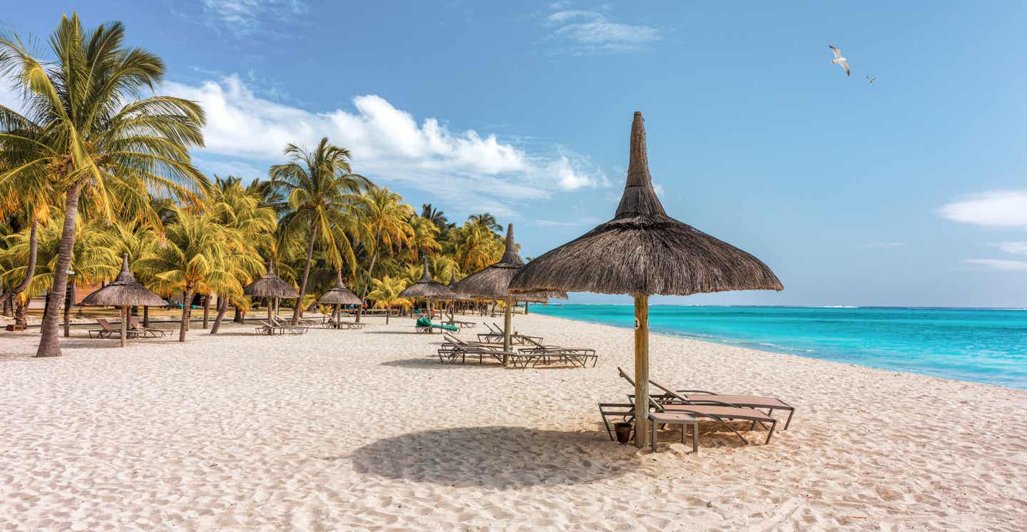 Tropischer Strand von Le Morne mit Palmen, Strohdächern und türkisfarbenem Meer unter strahlend blauem Himmel