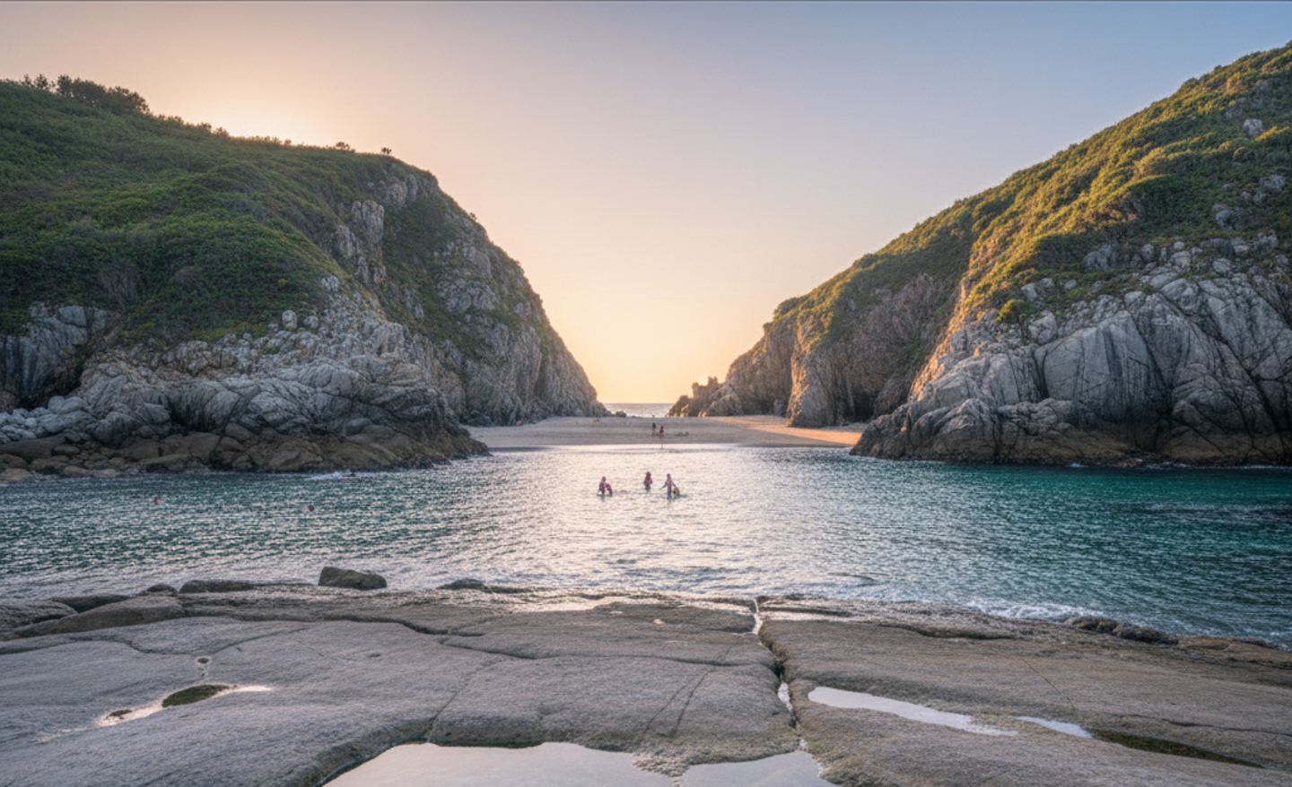 Kinder spielen im seichten Wasser am Playa del Silencio in Asturien zwischen Felsen und bewachsenen Hängen