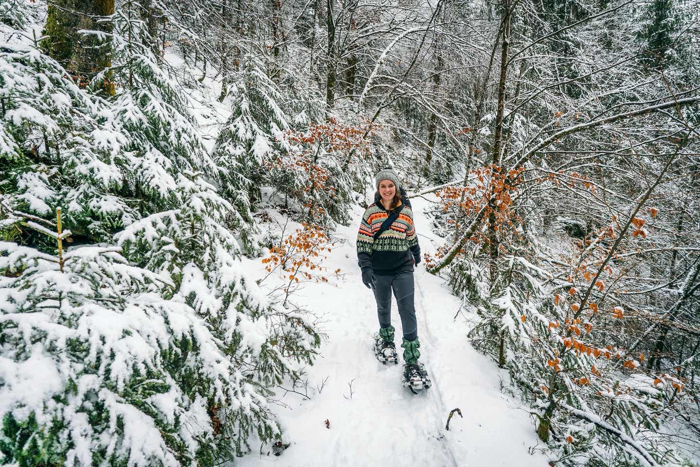 Schneewanderung mit Schneeschuhen im Wald