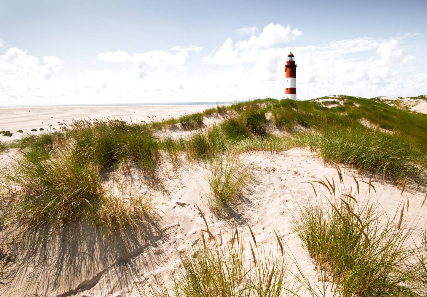 Last Minute in Deutschland am Strand in Borkum mit Sicht auf Leuchtturm.
