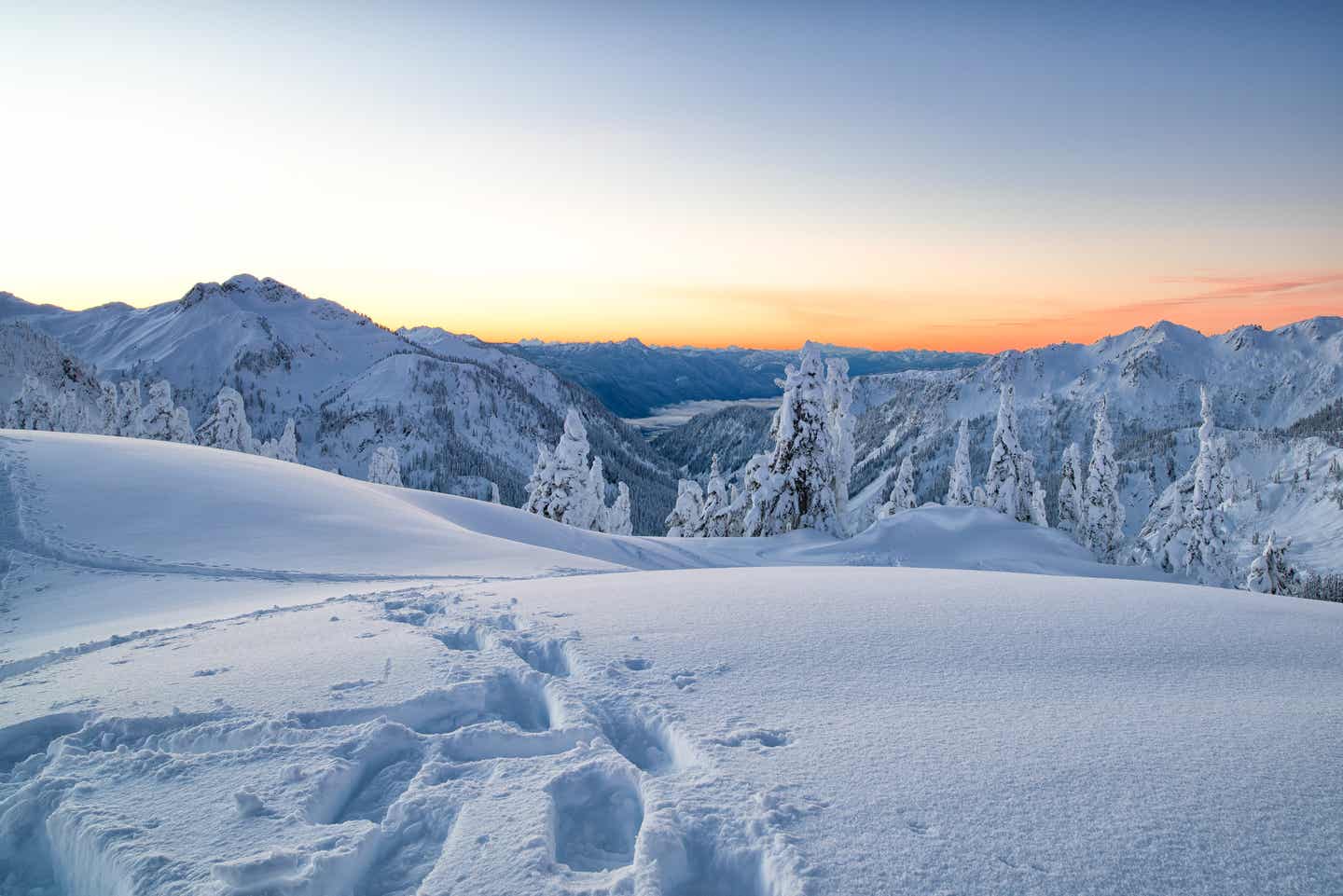 Verschneite Landschaft mit Spuren von Schneeschuhen 